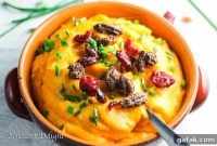 Maple Mashed Sweet Potatoes with Candied Pecans, Craisins & Chives