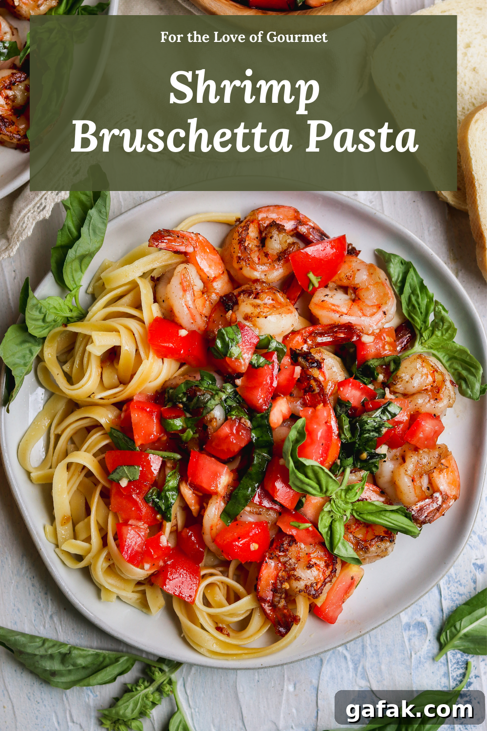 Shrimp bruschetta pasta is the perfect date night in or pasta dish for entertaining! Garlic butter shrimp, fresh bruschetta, and fettuccini noodles make the perfect easy pasta dish that's also restaurant-worthy. A great summer pasta! #shrimppasta #pastarecipe #bruschetta #datenight 