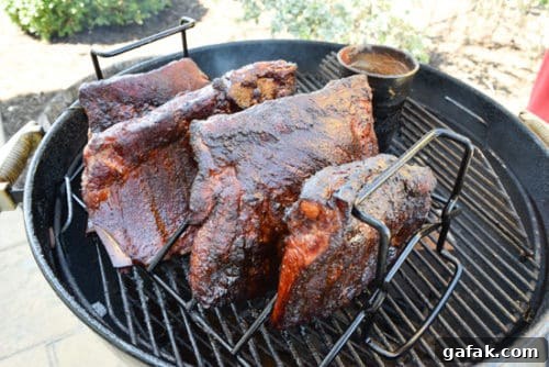 Ribs on rib rack on weber grill 
