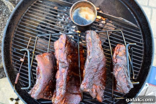 ribs on rib rack on weber grill overhead shot