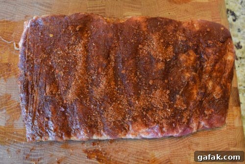 ribs coated in dry rub overhead shot