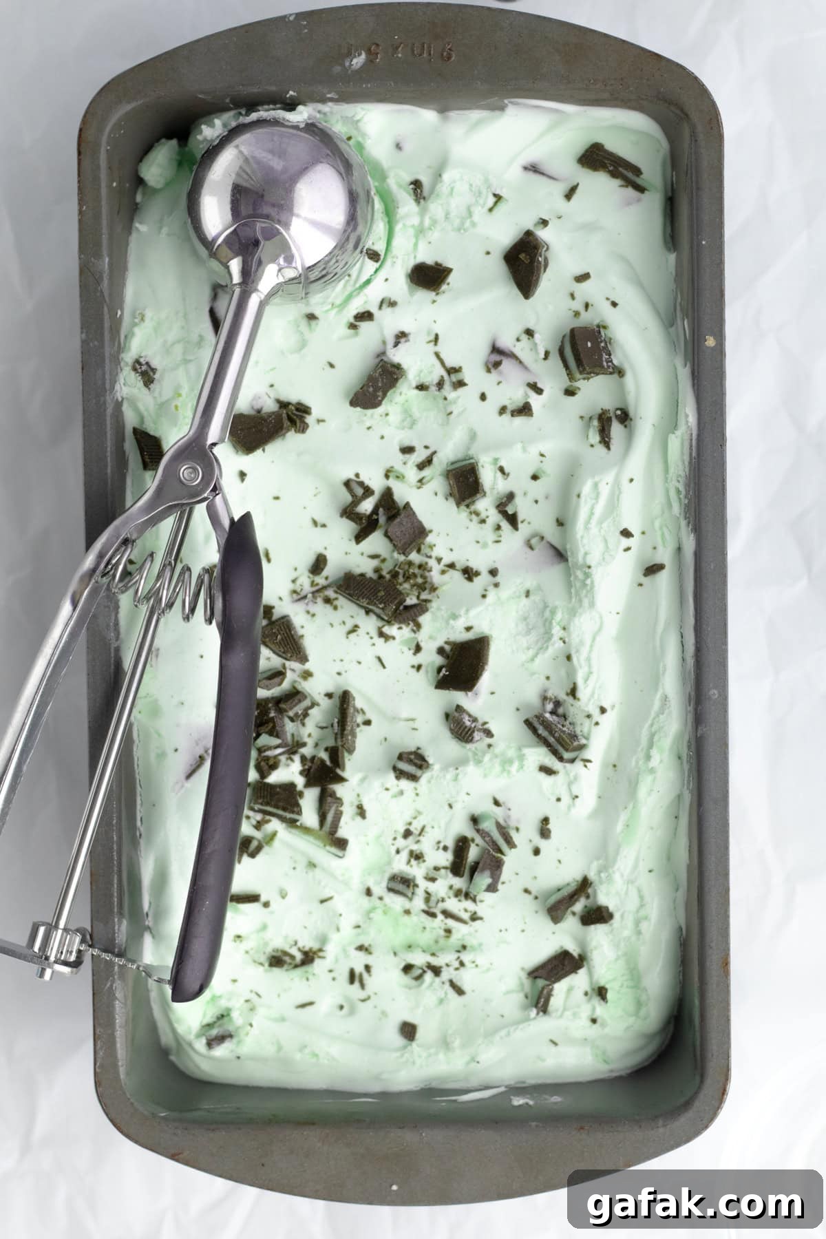 mint chip ice cream with a ice cream scoop