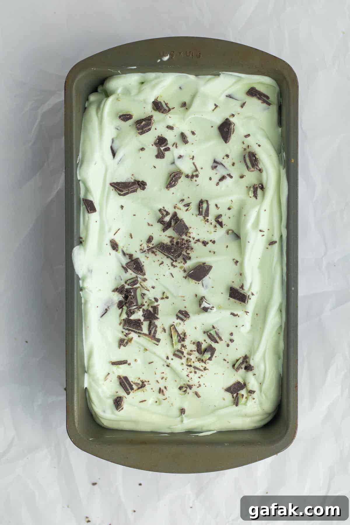 mint chip ice cream in a loaf pan