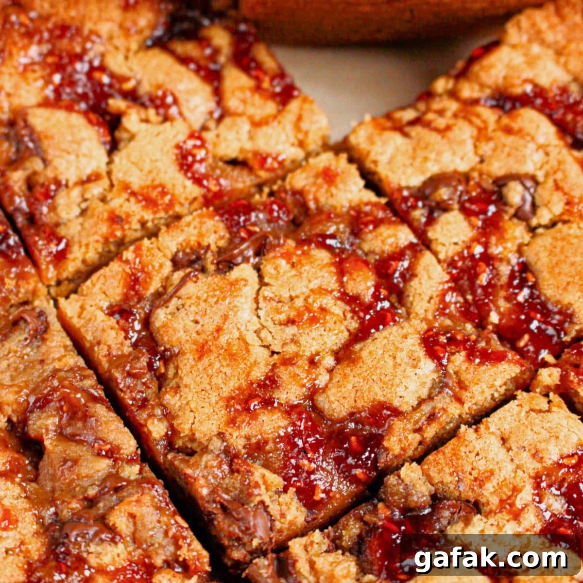 Peanut butter chocolate chip brownies topped with jam cut into squares.
