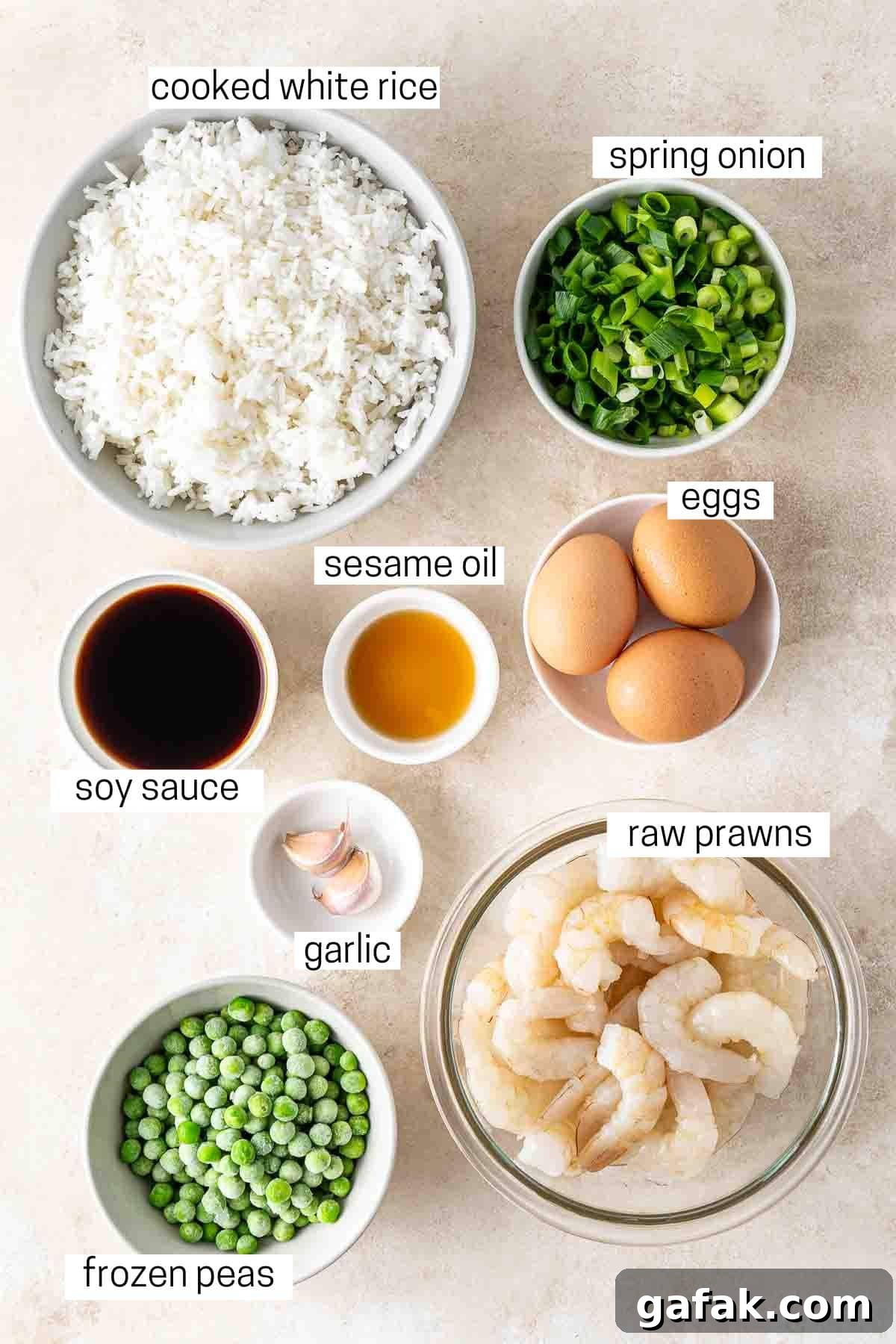 Garlic Prawn Egg Fried Rice Recipe for Quick Weeknight Meals 4 All ingredients needed to make prawn and egg fried rice.