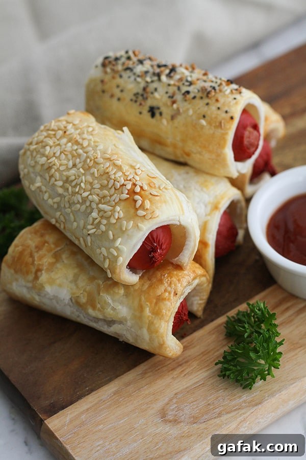puffy dogs stacked on a wooden serving board.