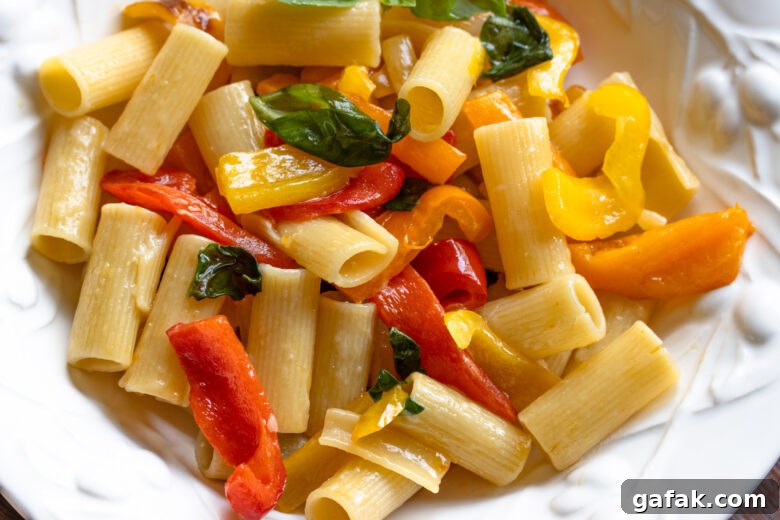 Roasted Red Pepper Sauce with Garlic, Basil & Pasta Recipe 7 Close up of the roasted bell pepper sauce with the pasta in a white large rimmed pasta dish.