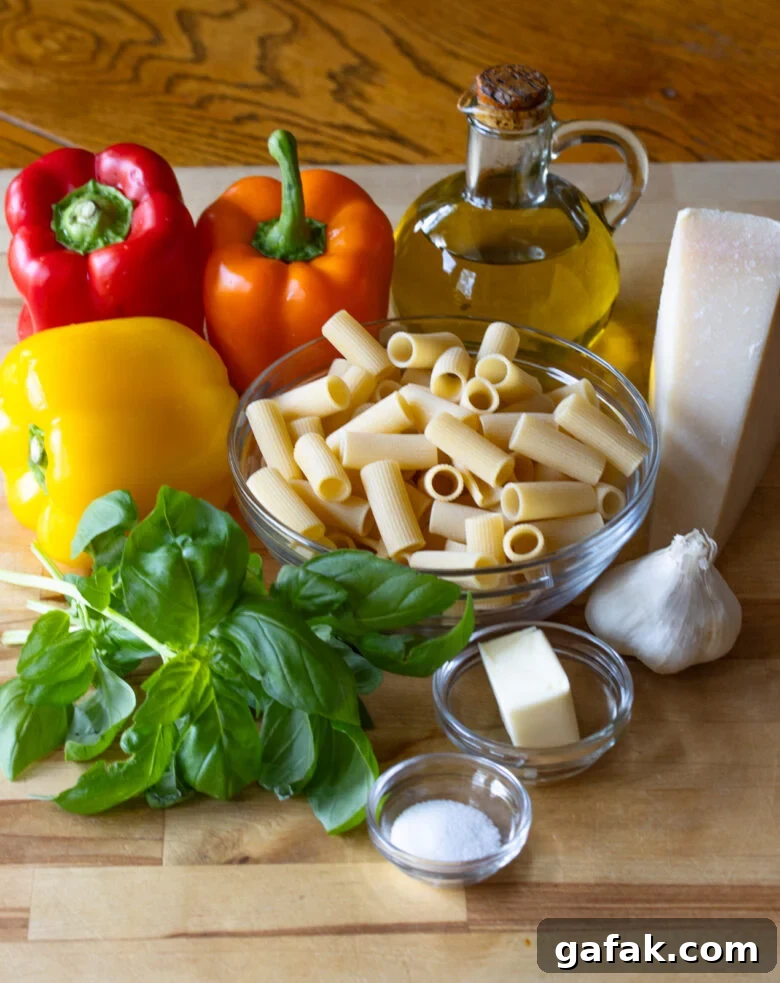 Roasted Red Pepper Sauce with Garlic, Basil & Pasta Recipe 5 Ingredients necessary to make this amazing bell pepper sauce for pasta.
