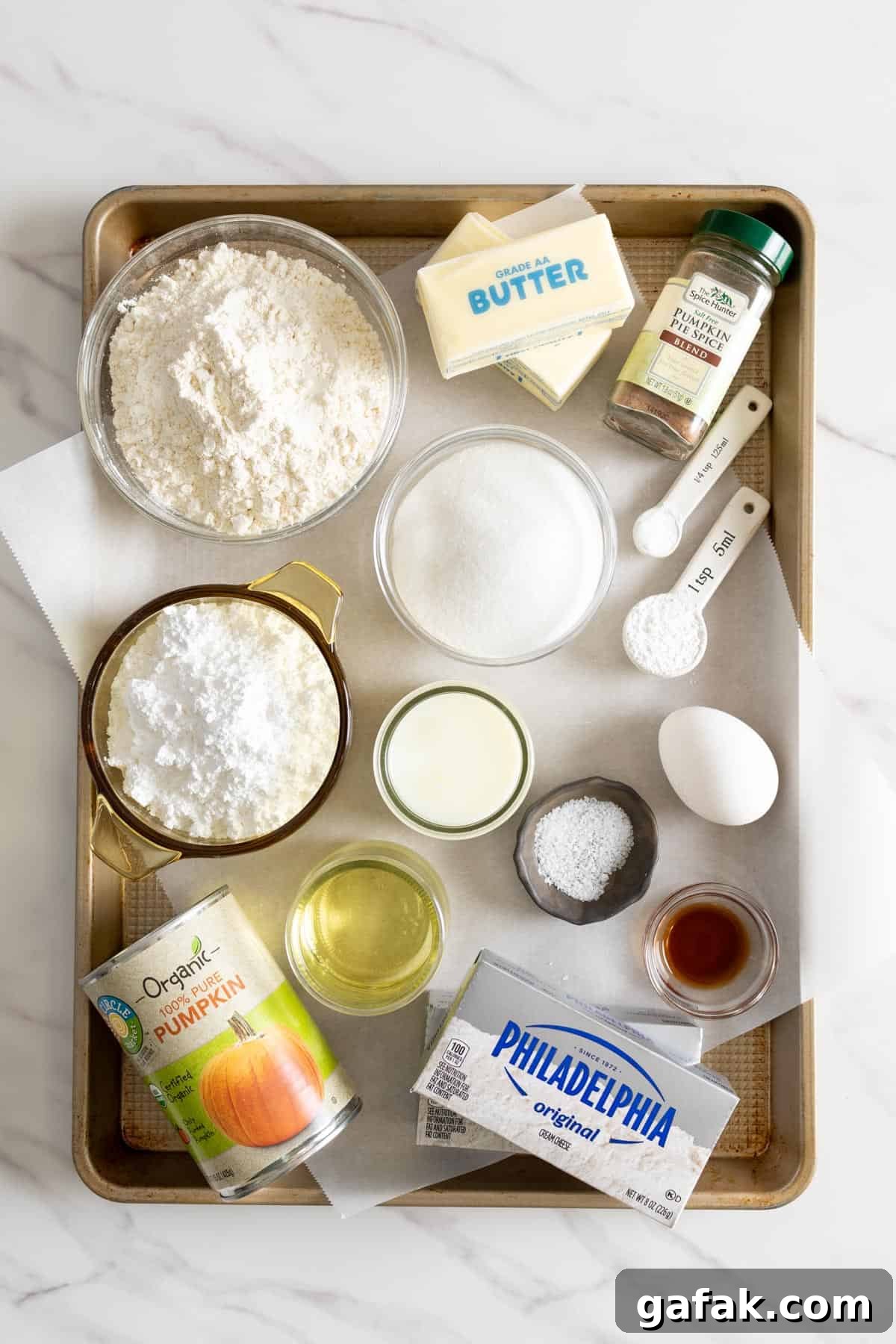 Ingredients for pumpkin cupcake recipe.