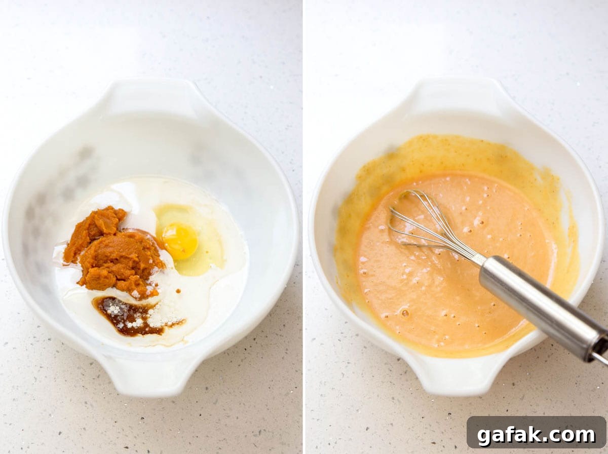 Beating together wet ingredients for pumpkin spice cupcakes.