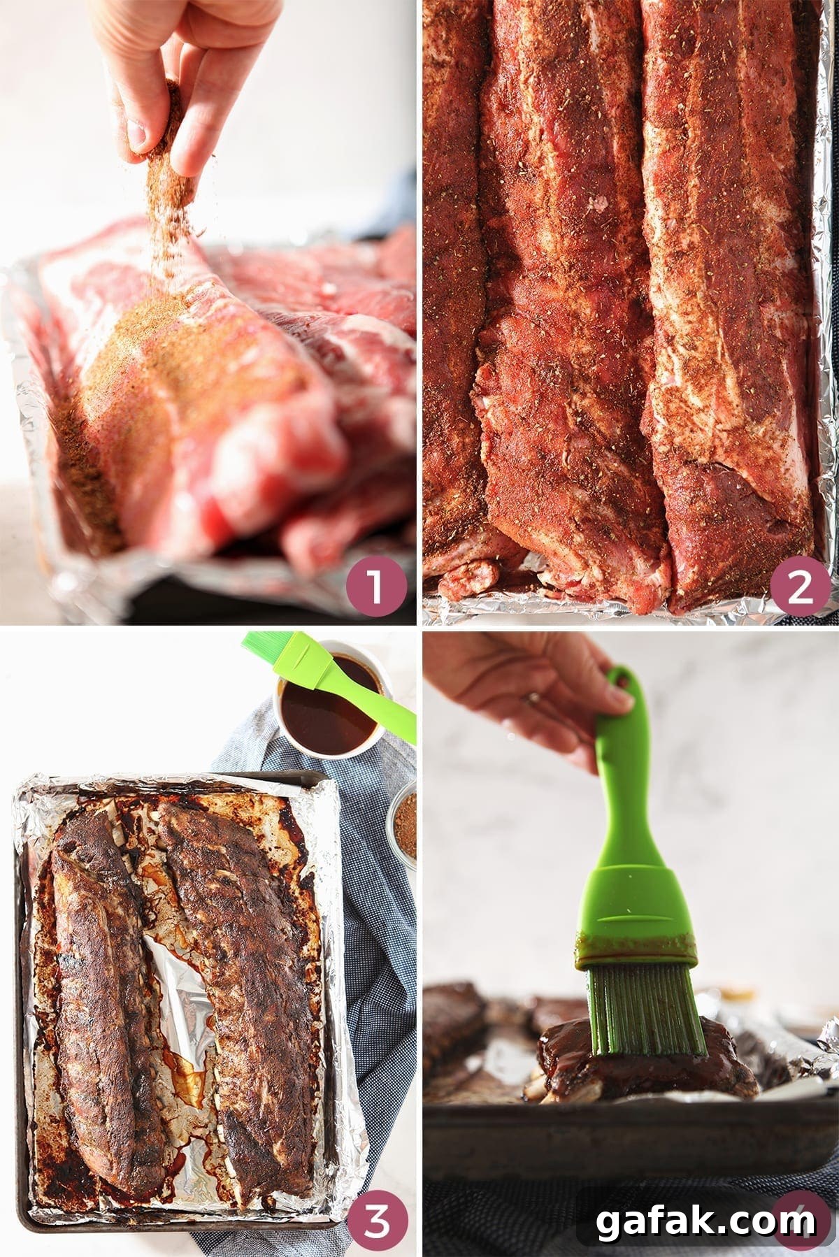 A collage of four images shows how to prepare oven baked ribs recipe before and during their cooking process