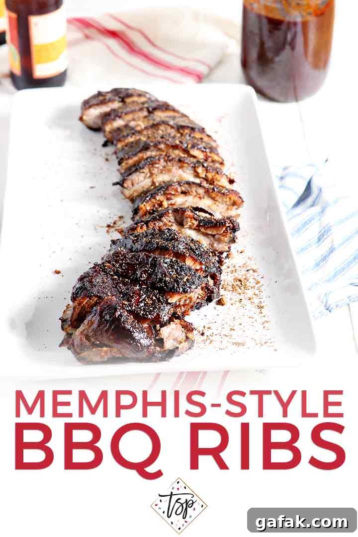 Pinterest graphic for Memphis-Style Barbecue Ribs, showing the ribs on a platter