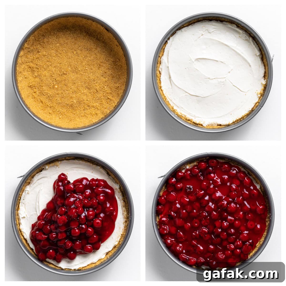 four photos showing how to assemble no bake cherry cheesecake