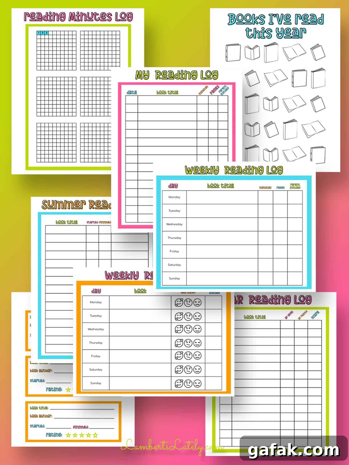 collage of printable reading logs.