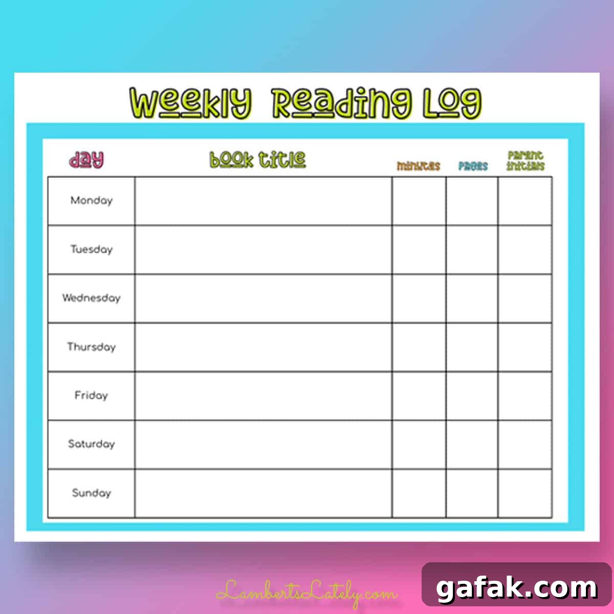 weekly reading log, horizontal format.