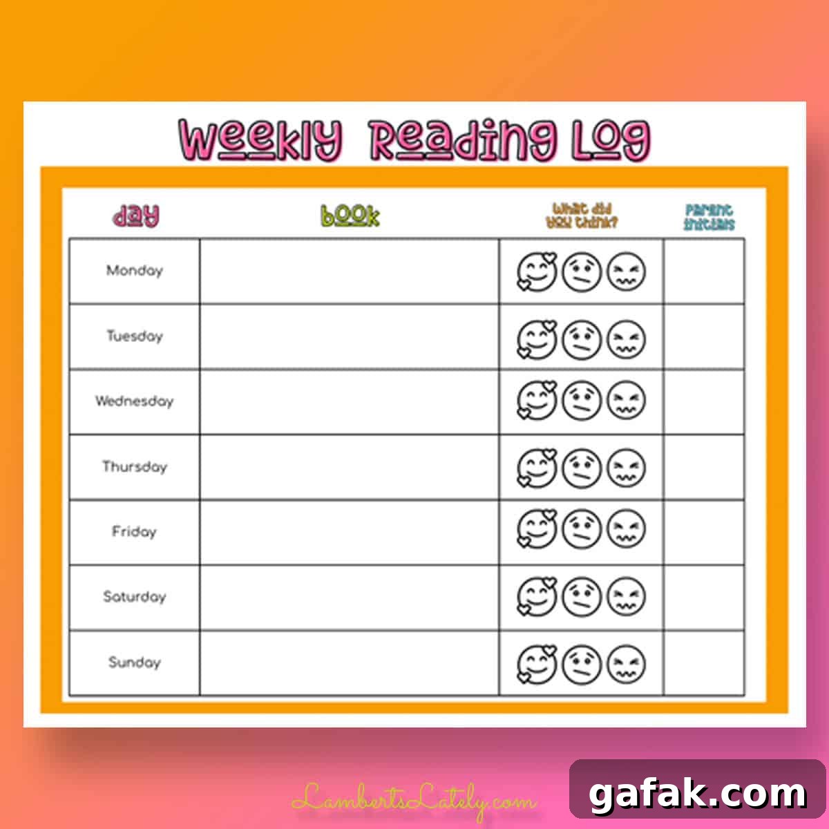 weekly reading log with emoji rating scale.