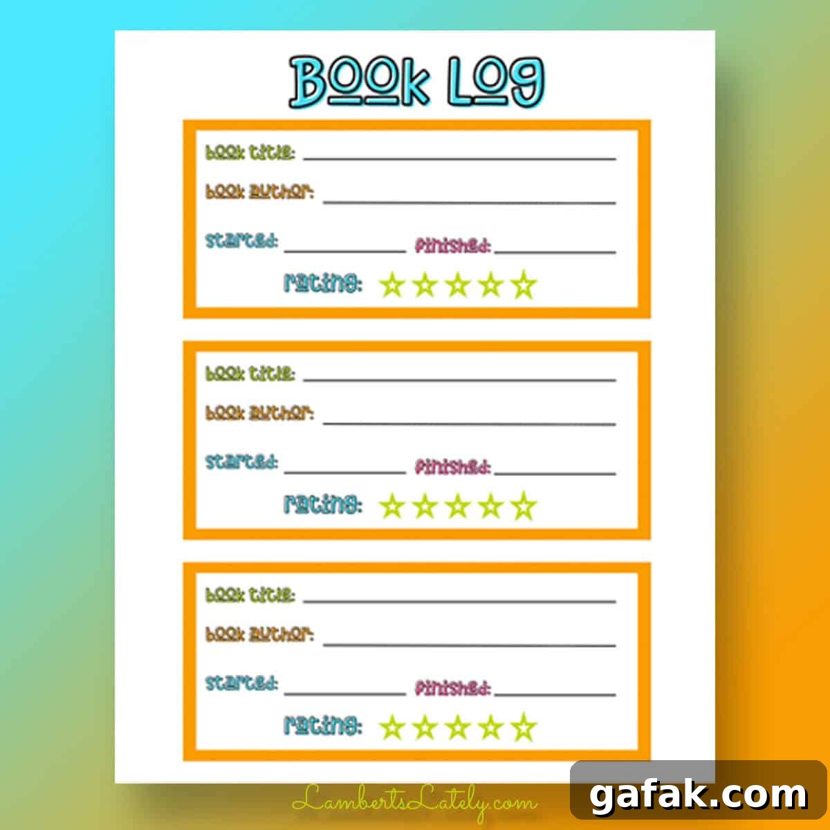 book log, with start and end dates and rating scale.