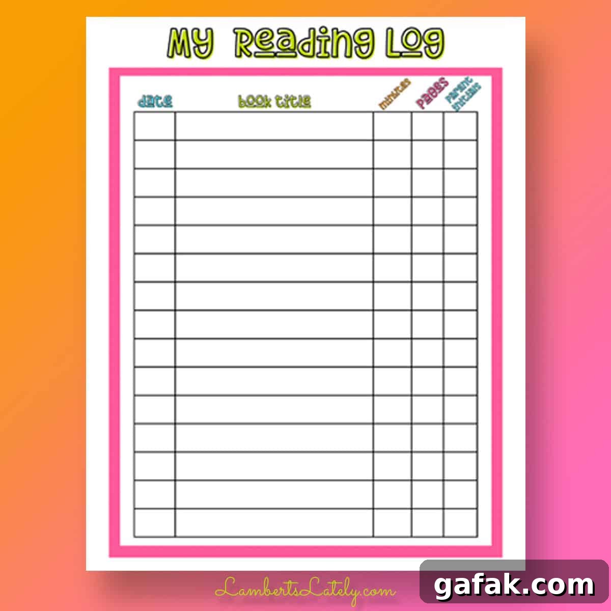 my reading log, with date, title, minutes, pages, and parent initials section.