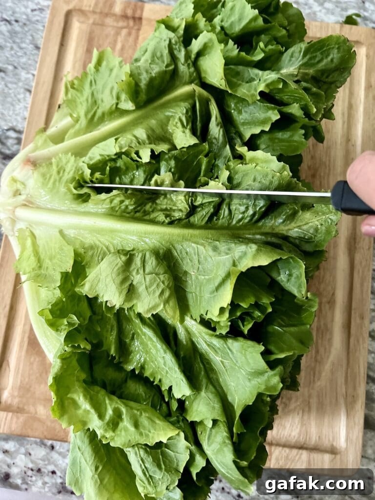 Starting to cut escarole into bite-sized pieces.