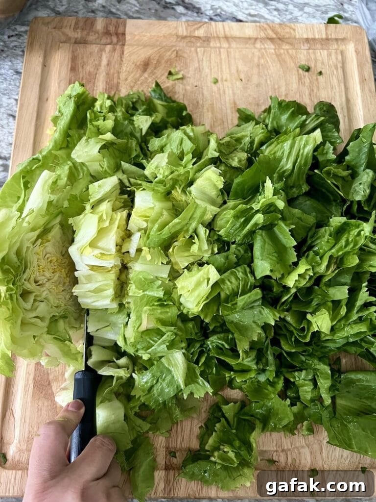 Cutting escarole into bite-sized pieces.