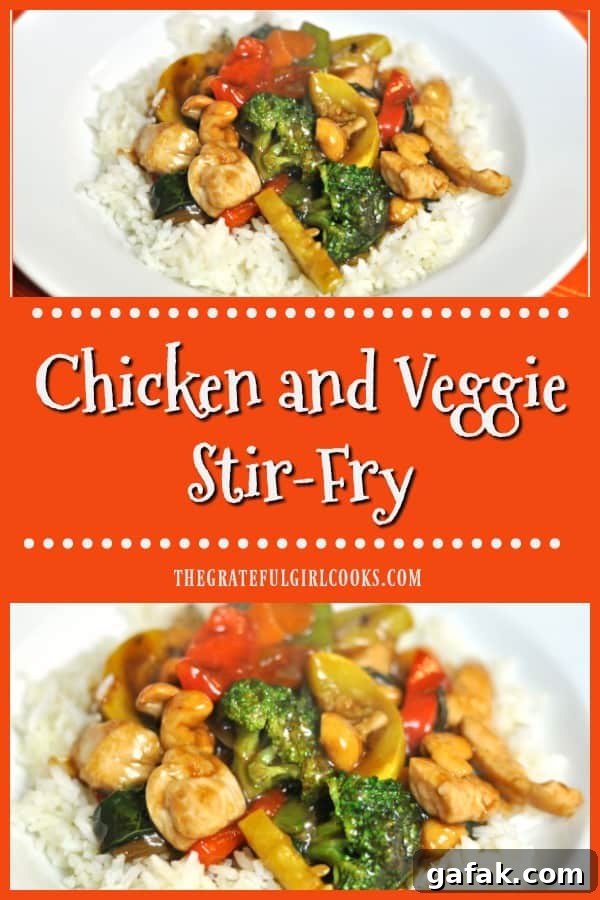 Chicken Veggie Stir Fry, with broccoli, carrots, bok choy, zucchini, onions, etc. in an Asian-inspired sauce, is served on rice.