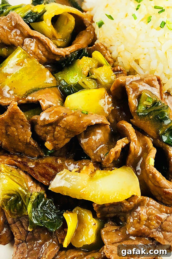 Closeup Shot of Sesame Beef Stir Fry With Bok Choy