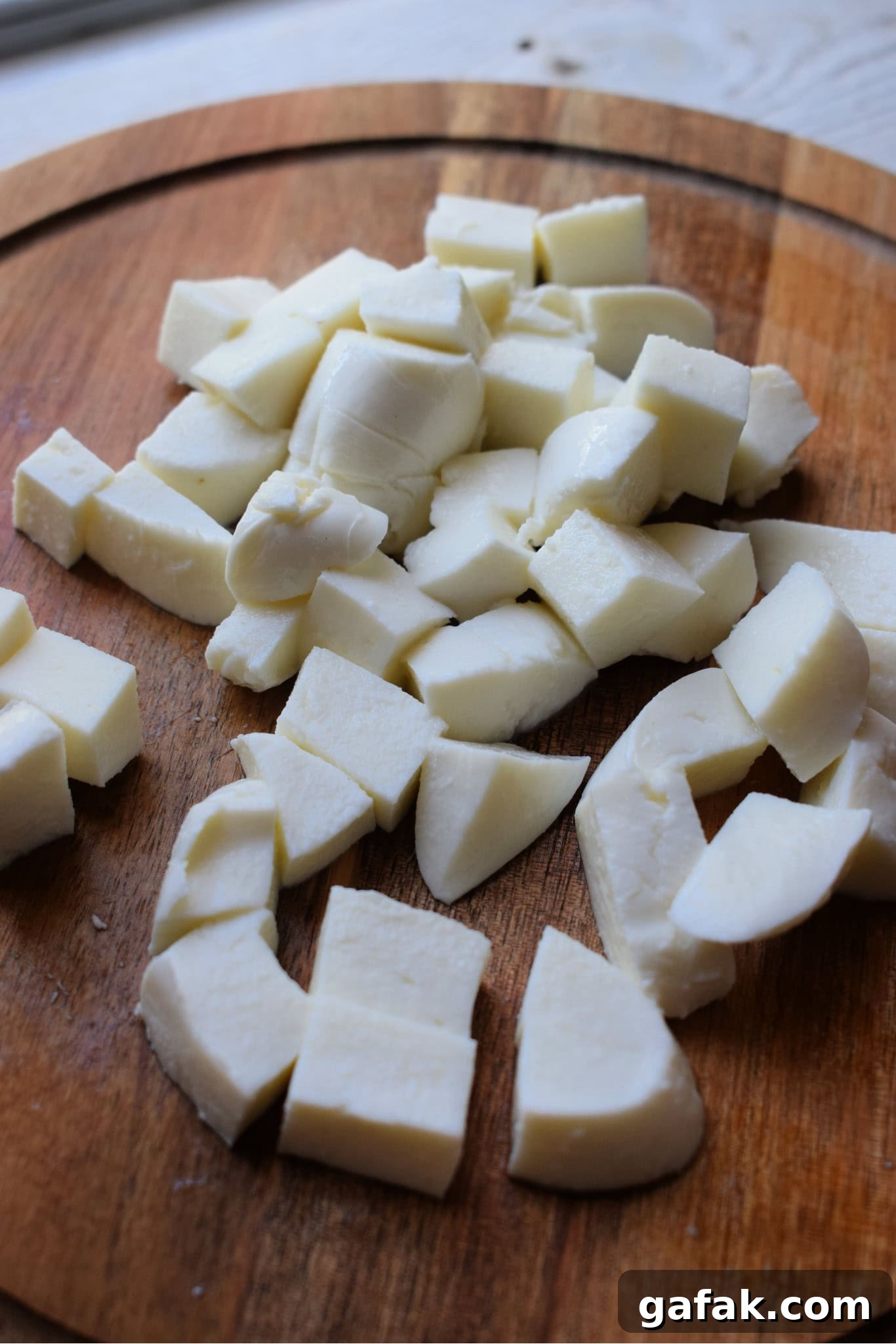 Mozzarella cheese on a cutting board.