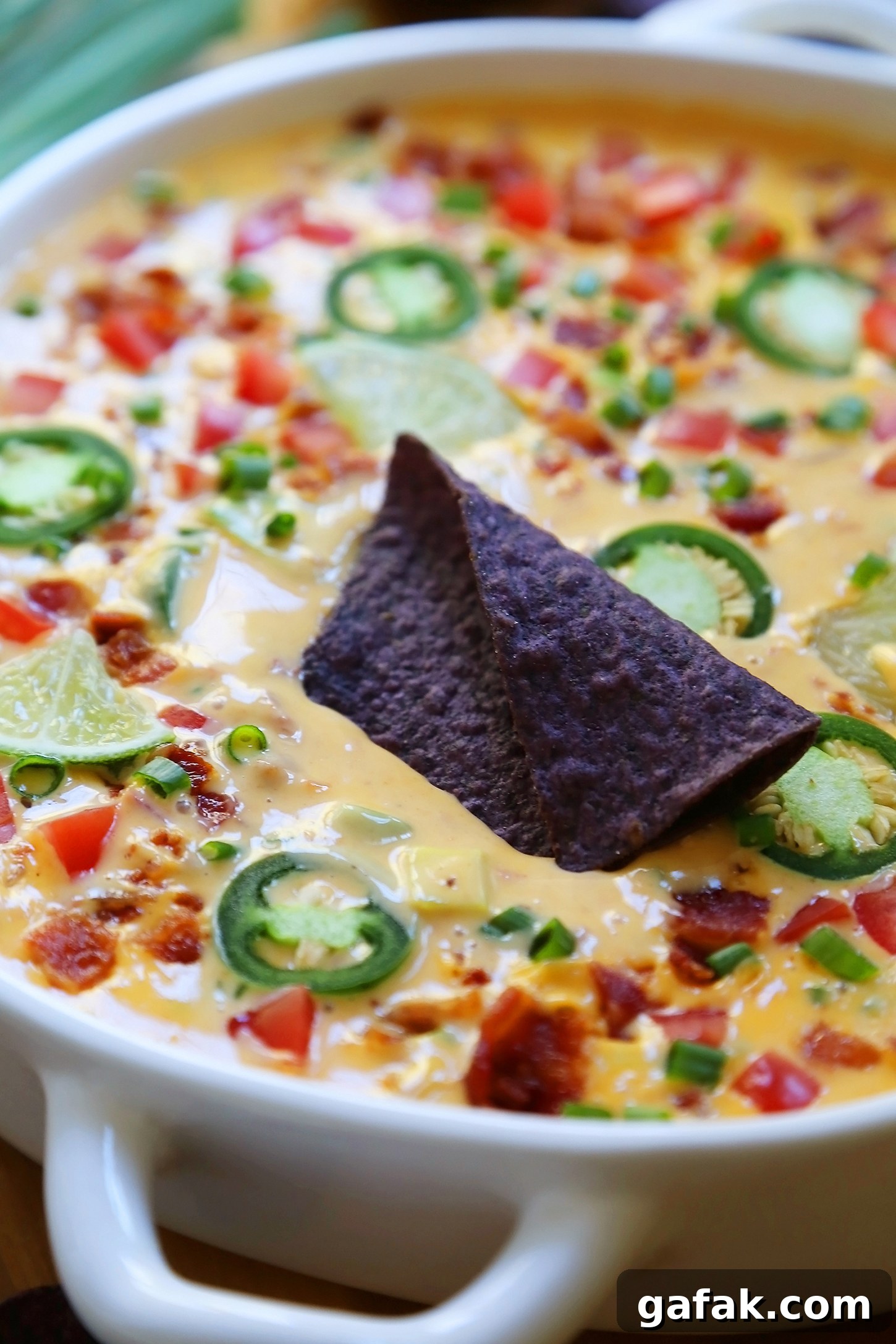 Creamy 2-Ingredient Slow Cooker Queso Dip for Parties 8 2-Ingredient CrockPot Queso Dip - So easy, cheesy and full of flavor for parties and lazy weekends in. Load it up with bacon, tomatoes, jalapenos and your favorite fixin's!