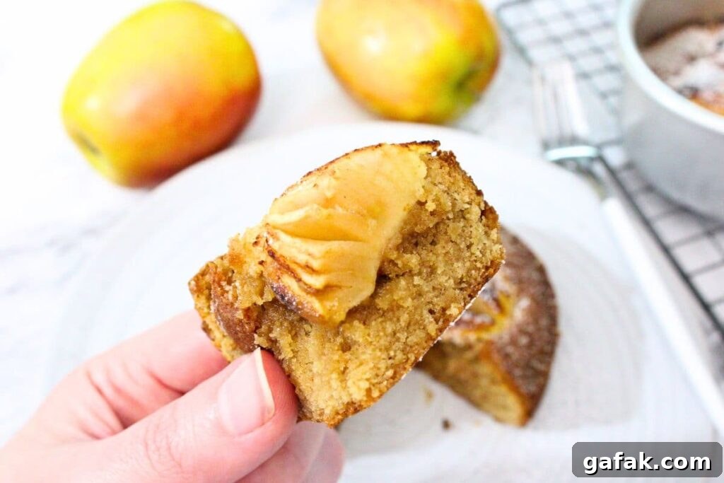 holding up a slice of warm air fryer apple cake