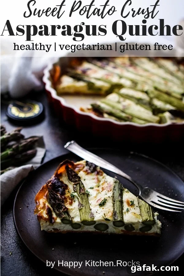 A Slice of Asparagus Quiche with Sweet Potato Crust on a Wooden Plate Next to a Pie Pan Pinterest Collage with Text Overlay