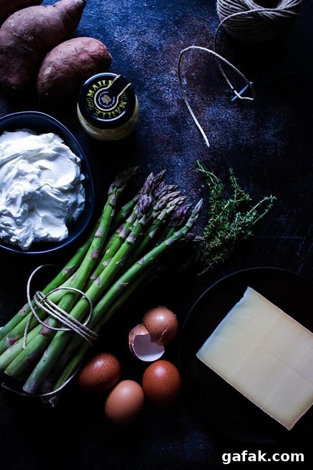 Ingredients for the Quiche, Asparagus, eggs, sweet potatoes, mustard, cheese and quark
