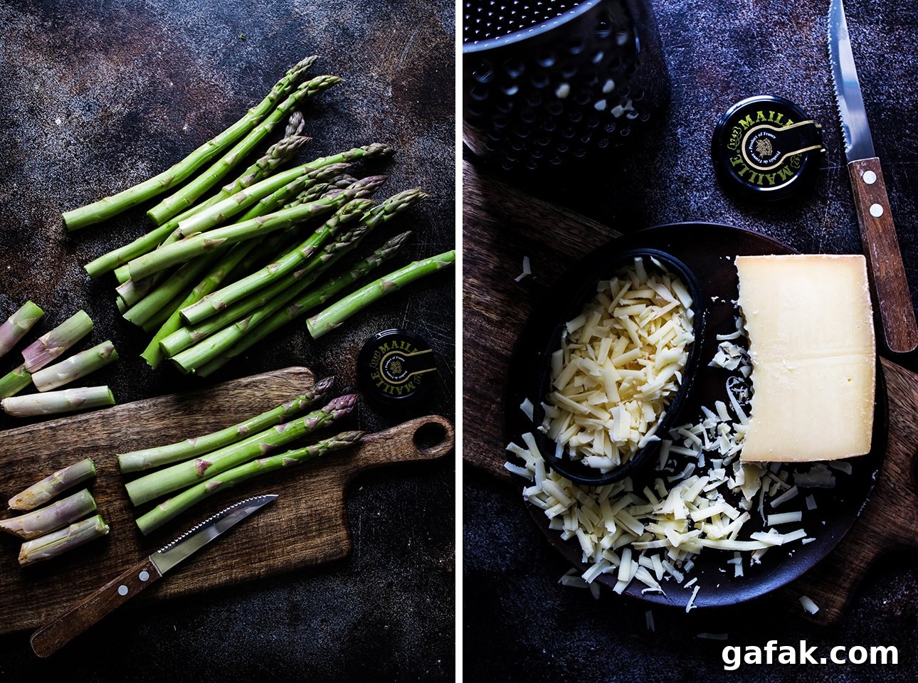 Collage: Asparagus Spears Being Trimmed on a Board Next to Grated Gruyere Cheese