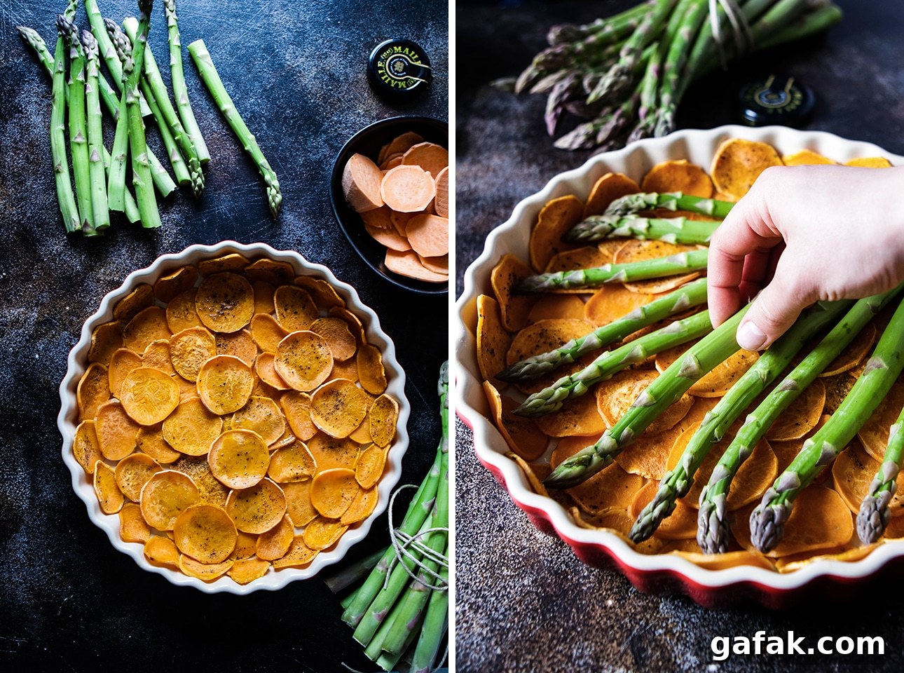 Collage: Sweet Potato Crust in a Pie Pan Next to Asparagus Spears Being Lined Out on the Sweet Potato Crust