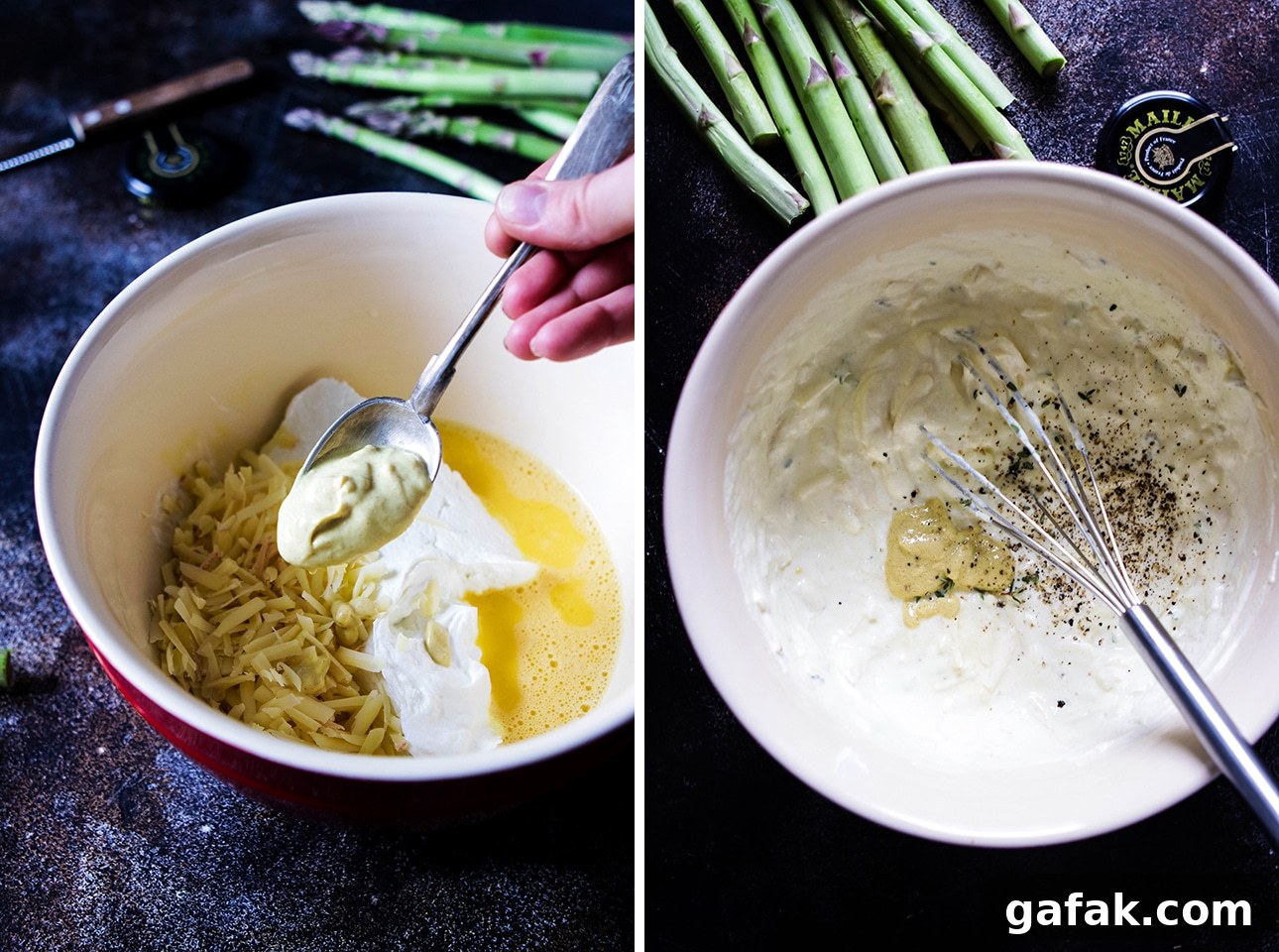 Collage: Mustard Being Added to a Mixing Bowl with Filling for Asparagus Quiche Next to a Bowl of Filling with a Whisk