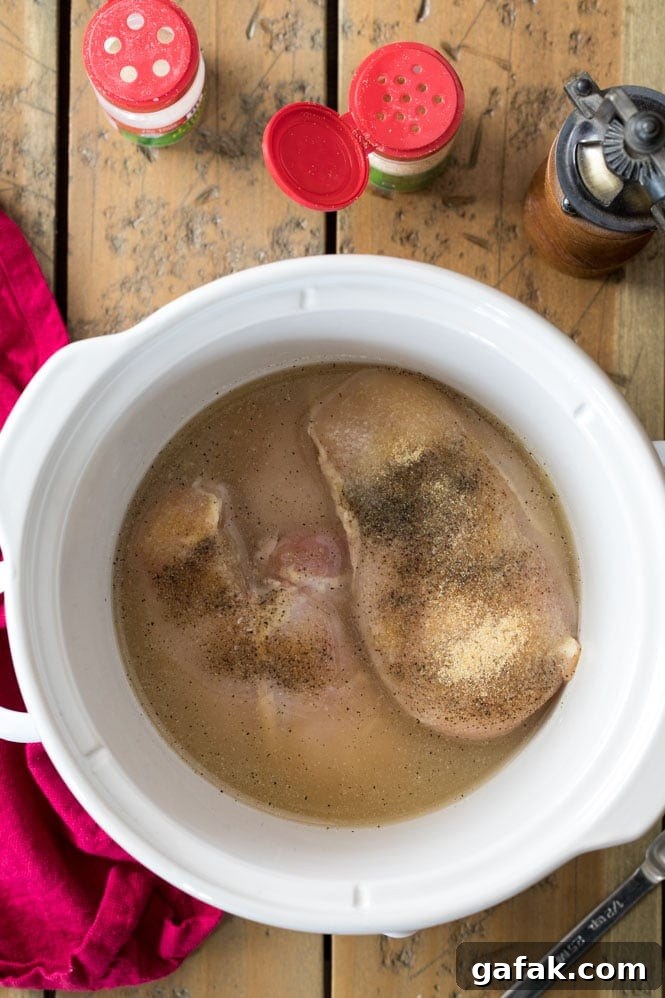 Chicken breast in the slow cooker with chicken broth and spices
