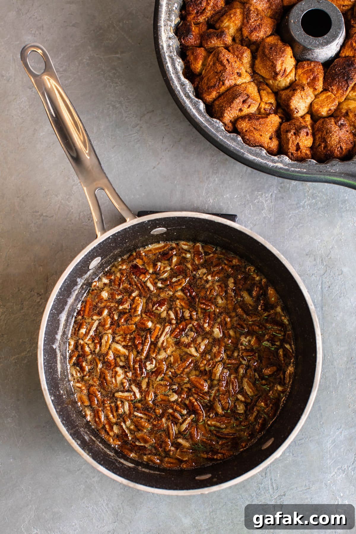 small pot with pecan caramel sauce