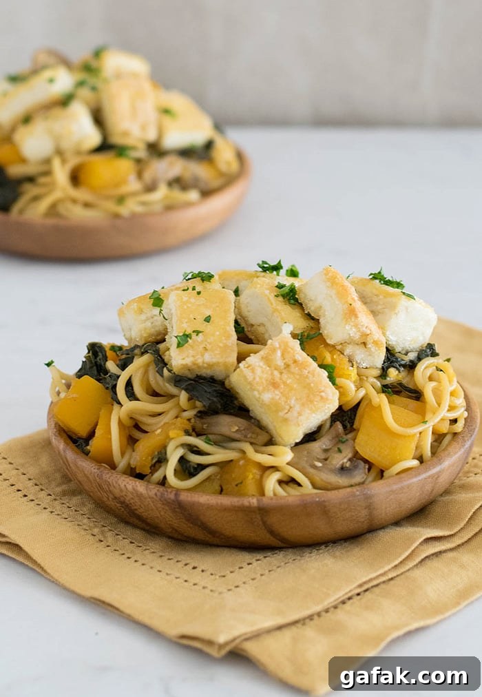 Butternut Squash And Kale Lo Mein With Crispy Tofu for #HealthyPastaMonth