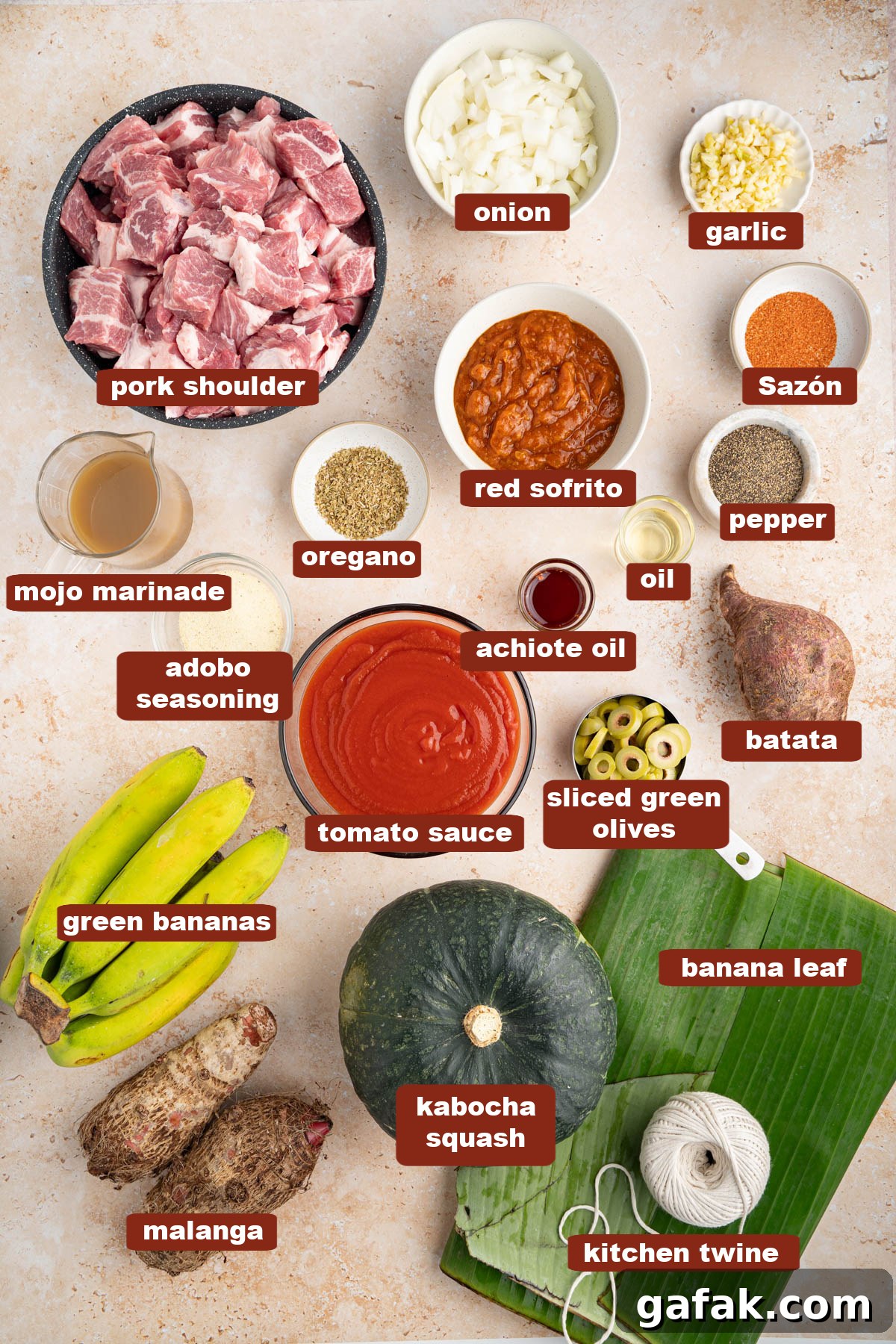 All of the ingredients for pasteles de masa in bowls on a countertop.
