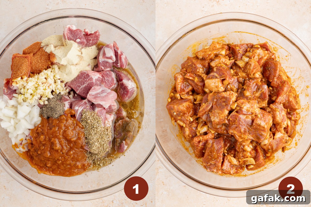 Pork shoulder in a bowl with the other marinade ingredients.