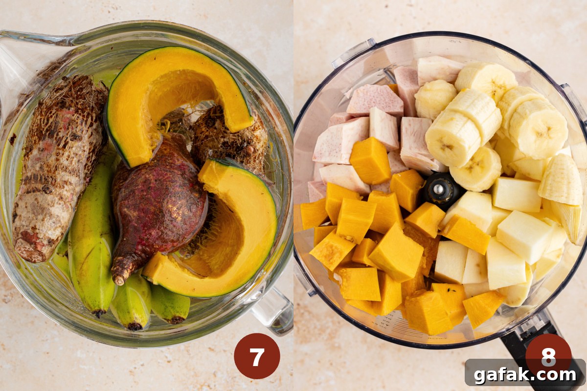All of the vegetables and fruits for the masa soaking in a bowl of water. A food processor container is filled with the cut pieces of fruit and vegetables before pureeing.