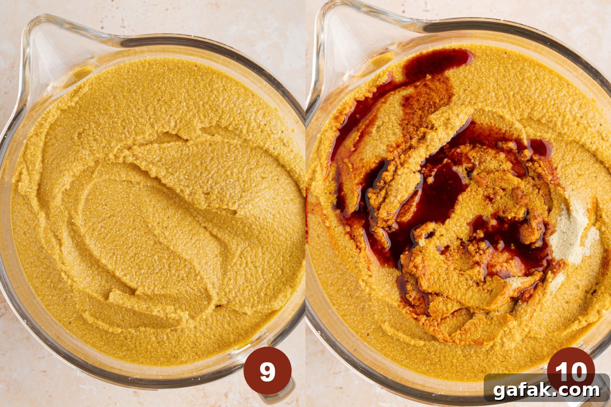 The pureed mixture in a glass bowl. The achiote oil and adobo seasoning is on top. 