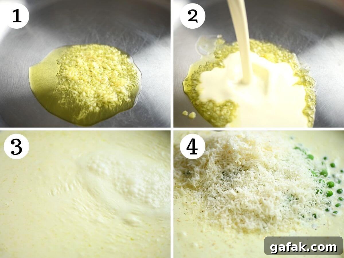Creamy Tortellini in Parmesan Sauce 4 Four photos in a collage showing how to make a garlic cream sauce with parmesan and peas