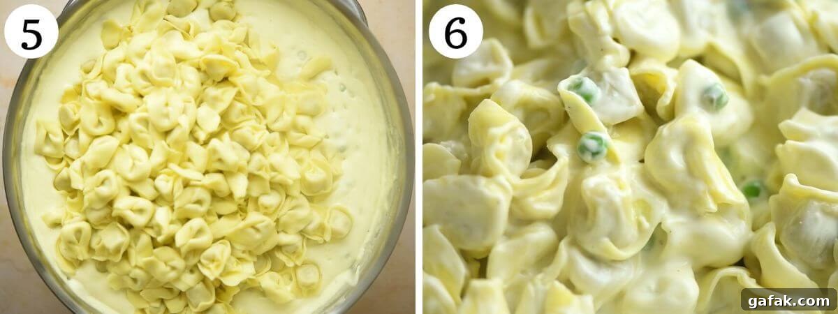 Creamy Tortellini in Parmesan Sauce 5 Two photos in a collage showing tortellini in a cream sauce getting mixed together