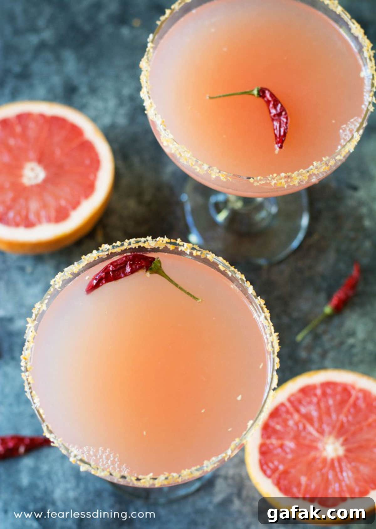 The top view of two pink margaritas.