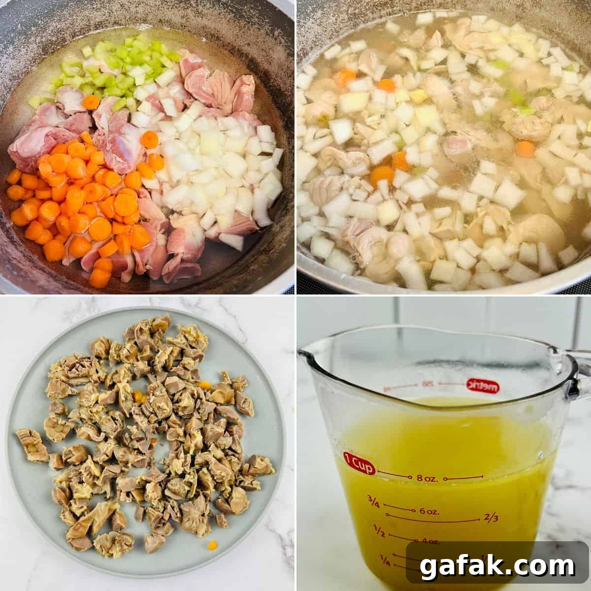 Four-step process: raw chicken, carrots, celery, and onion in a pot; simmering mixture; cooked chopped chicken on a plate; strained broth in a measuring cup—perfect for creating savory Turkey Neck Gravy.