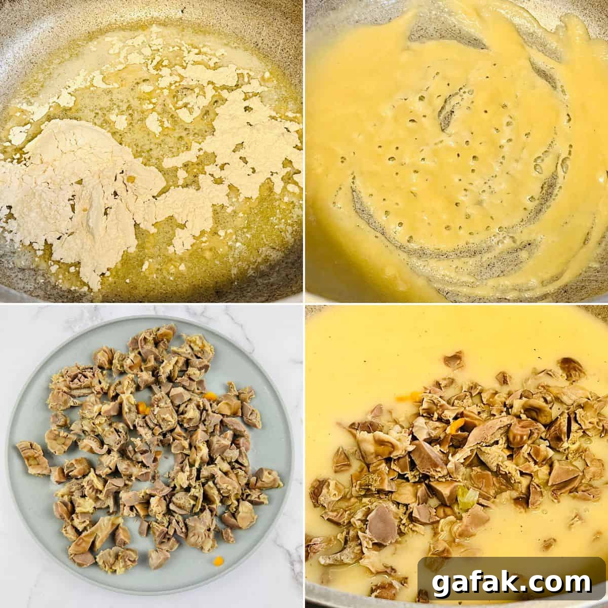 Four images show the process of making the dish melting butter with flour, stirring to form a roux, chopped cooked meat on a plate, and adding the meat to the finished sauce in a pan.
