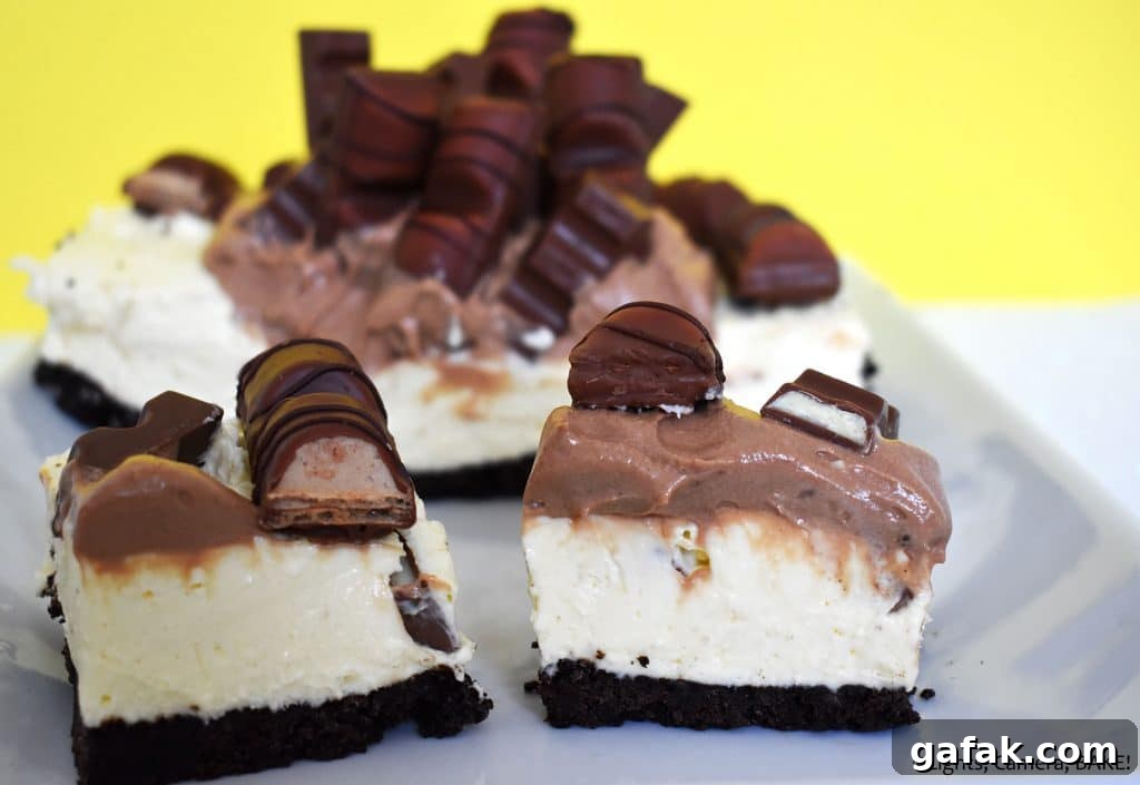 Kinder Bueno and Kinder chocolate on a vanilla cheesecake.