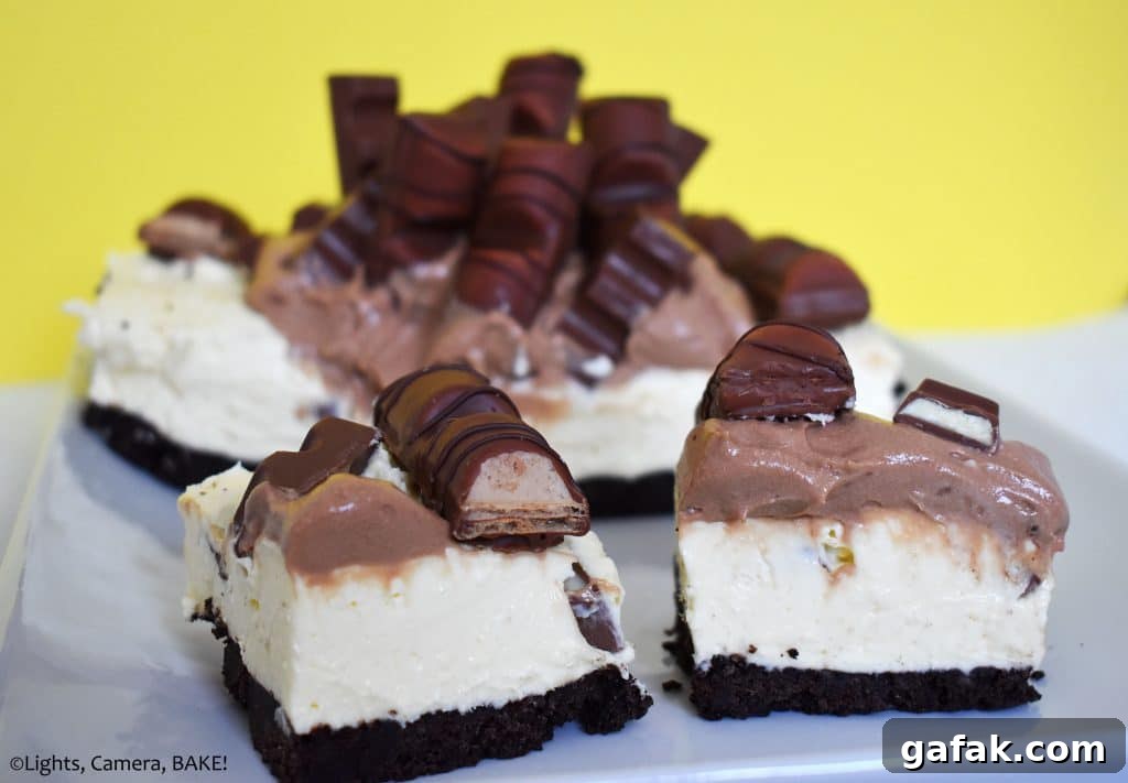 No bake Kinder Bueno cheesecake on a plate.