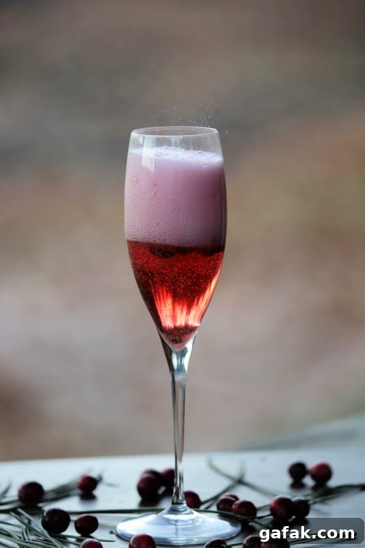 Fizzing cranberry mimosa in a champagne flute