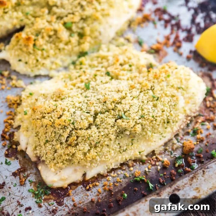 A close up of parmesan crusted fish on a sheet pan.